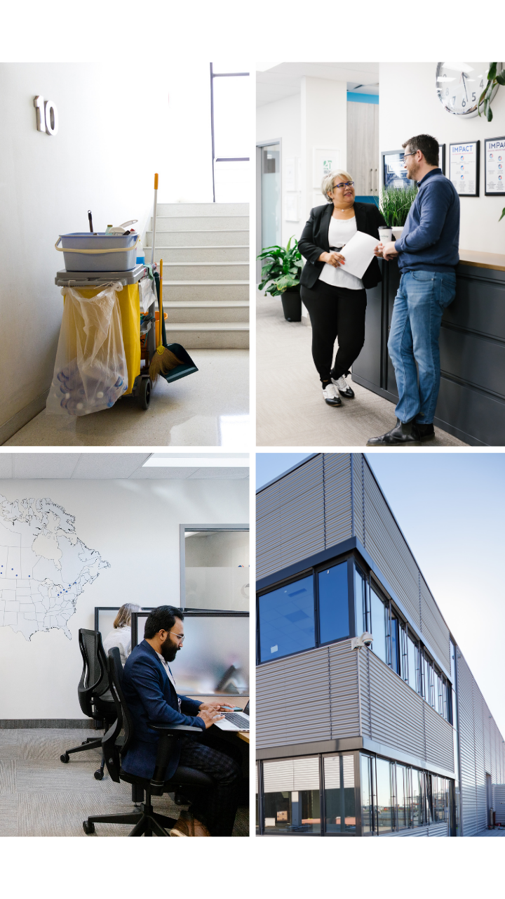 Post-construction cleaning services in Burlington by Impact Commercial Cleaning, showcasing a janitorial cart on clean stairs.