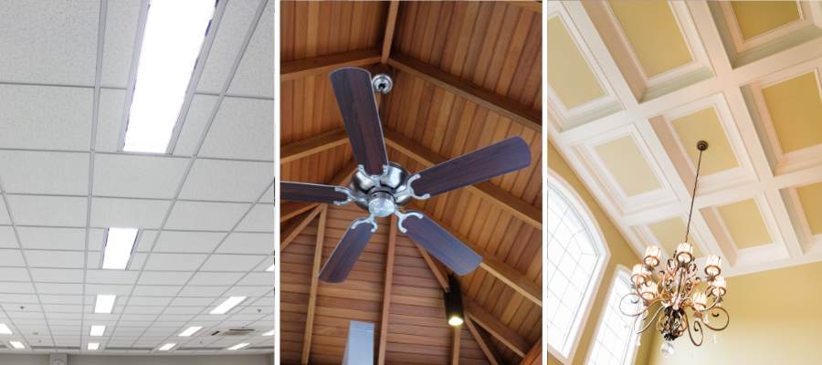 Types of ceilings cleaned by Impact Commercial Cleaning in Burlington, including fan cleaning, chandelier cleaning, and ceiling tile cleaning.