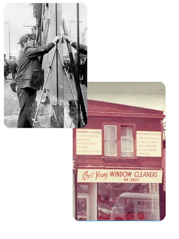 A black-and-white photo shows a man cleaning a shop window with a squeegee. Below, a color photo shows a storefront with a sign reading Scot Young Window Cleaners on a brick building.