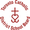 Logo for the Toronto Catholic District School Board, featuring a red cross and heart symbol in the center, with the board’s name written in a circular format around the image.