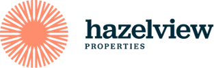 Logo for Hazelview Properties, featuring a circular orange sunburst design on the left and the company name hazelview PROPERTIES in bold dark blue text on the right.