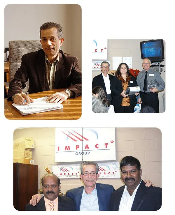 A collage of three photos: a man signing papers at a desk, a group of four people posing at an event with a TV in the background, and three men smiling in front of an IMPACT Group sign.