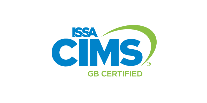 ISSA CIMS GB Certified logo with bold blue CIMS text, ISSA above, a green swoosh, and GB CERTIFIED in green below on a white background.