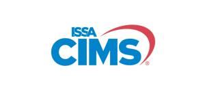 ISSA CIMS logo featuring the text ISSA CIMS in bold blue letters with a red curved swoosh design looping over the letters on a light gray background.