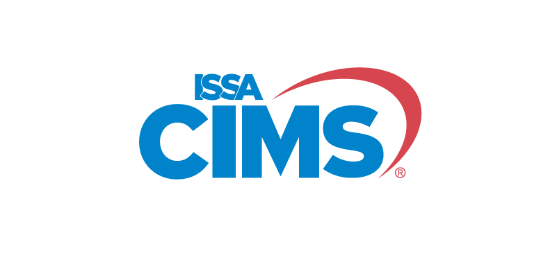 ISSA CIMS logo with ISSA in blue above large blue CIMS, and a red curved swoosh extending from the M to the right side. The background is light gray.