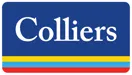 Colliers logo with white text on a blue background, and three horizontal stripes—yellow, light blue, and red—along the bottom.