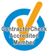 A blue circle with a large orange checkmark inside and the words ContractorCheck Accredited Member overlaid in gray text.