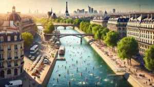 A vibrant scene of Paris shows people swimming and relaxing in a river, with tree-lined streets, historic buildings, bridges, and the Eiffel Tower visible in the background under a sunny sky.