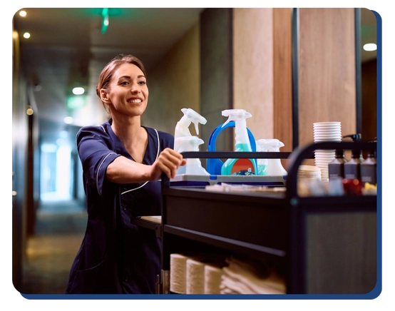 A smiling woman in a uniform pushes a cleaning cart filled with spray bottles, paper cups, and cleaning supplies down a hallway, showcasing the professionalism of Impact Commercial Cleaning Services in Canada.