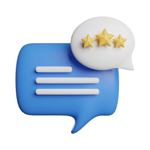 3D illustration of two chat bubbles: one blue with three horizontal white lines, and one white with three gold stars, representing a message and a rating or feedback.