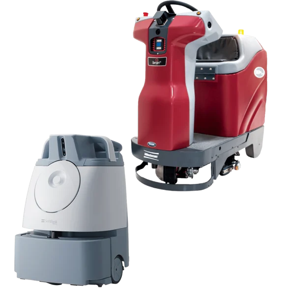 Two industrial floor cleaning robots are shown. One is red and gray with a steering area, and the other is compact and gray with a rounded top, both designed for automated cleaning tasks.