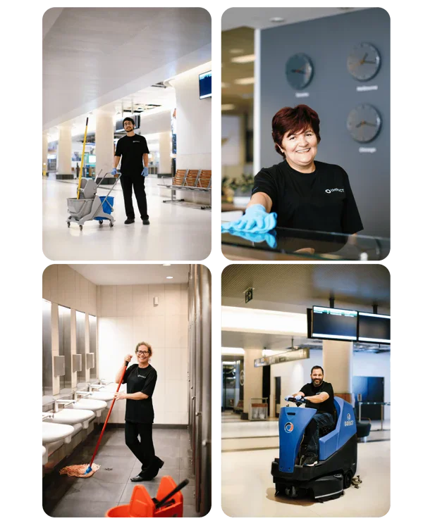 A collage of four images shows cleaning staff in uniforms working in an airport: mopping floors, wiping surfaces, using a floor-cleaning machine, and cleaning a restroom.
