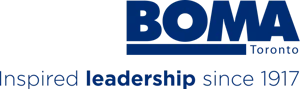 Logo for BOMA Toronto with the text Inspired leadership since 1917 in blue letters. The word leadership is bolded, and Toronto appears in small text next to BOMA.