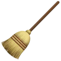 A broom with a wooden handle and yellow straw bristles, shown at a slight angle on a plain white background.