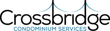 Logo for Crossbridge Condominium Services; the word Crossbridge features stylized lines above the b and d resembling a suspension bridge, with CONDOMINIUM SERVICES written below in smaller blue letters.