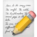 A large, oversized yellow pencil rests on a sheet of handwritten paper, partially obscuring the cursive writing beneath it.