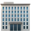 Illustration of a modern, rectangular office building with multiple rows of blue windows and a flat roof. The building has two large entrance doors at the bottom center.