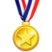 A gold medal with a star in the center hangs from a red, white, and blue striped ribbon.
