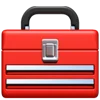 A red toolbox with a black handle, silver latch, and two horizontal silver stripes on the front.