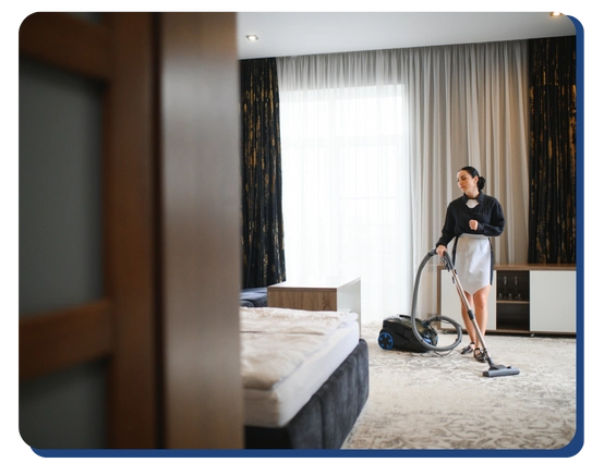 A woman is vacuuming the carpet in a modern, well-lit bedroom with large windows and curtains, reflecting the high standards of commercial cleaning Canada offers. She is dressed in a dark top and light skirt, keeping the room tidy and organized.