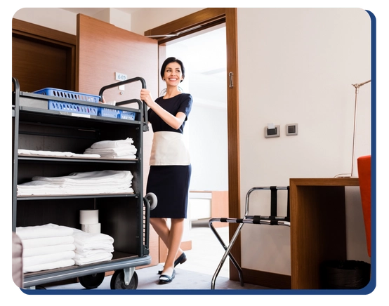 A smiling hotel housekeeper in uniform pushes a cleaning cart with neatly folded towels and supplies into a tidy, well-lit hotel room.