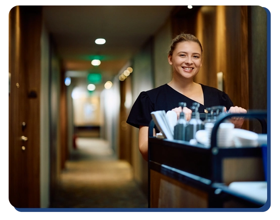 A smiling woman in a housekeeping uniform stands next to a cleaning cart in a well-lit hotel hallway, highlighting the professionalism of impact commercial cleaning services.
