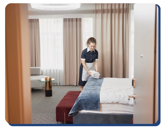A hotel housekeeper in uniform is neatly arranging towels on a bed in a well-lit, modern hotel room with large windows and beige curtains, reflecting the standards of impact commercial cleaning services.