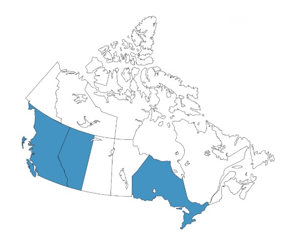 A map of Canada with the provinces of British Columbia, Alberta, Ontario, and Quebec shaded in blue, while the rest of the provinces and territories are unshaded.