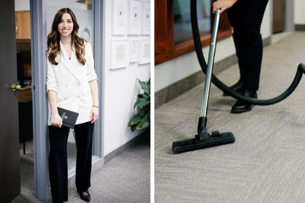 Split image: On the left, a woman in business attire stands in an office holding a tablet and smiling. On the right, an employee from Impact Commercial Cleaning Services vacuums carpeted office flooring, only their lower body visible.