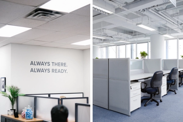 Split image of two modern office spaces: the left side displays a wall with "ALWAYS THERE. ALWAYS READY." above cubicles, while the right shows empty cubicles with chairs and plants, reflecting the results of impact commercial cleaning services in Canada.