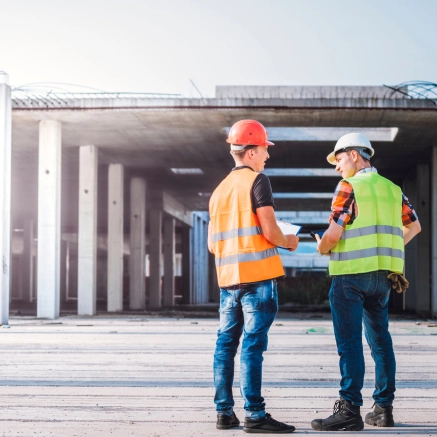 Two construction workers wearing safety vests and helmets stand on a concrete site, discussing plans, with a partially built structure in the background—highlighting the need for impact commercial cleaning services on such busy construction projects.