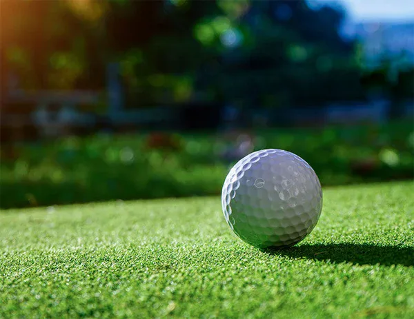A close-up of a white golf ball resting on green grass with sunlight shining from the left, and a blurred outdoor background, perfect for showcasing the pristine results of impact commercial cleaning services.