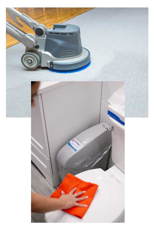 Top: A floor cleaning machine from Impact Commercial Cleaning Services with a blue brush is scrubbing carpet. Bottom: A person wipes a toilet seat with an orange cloth in a restroom.