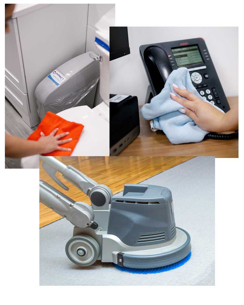 Three images show impact commercial cleaning services: wiping a trash bin with an orange cloth, cleaning an office phone with a blue cloth, and using a floor cleaning machine on a carpet.