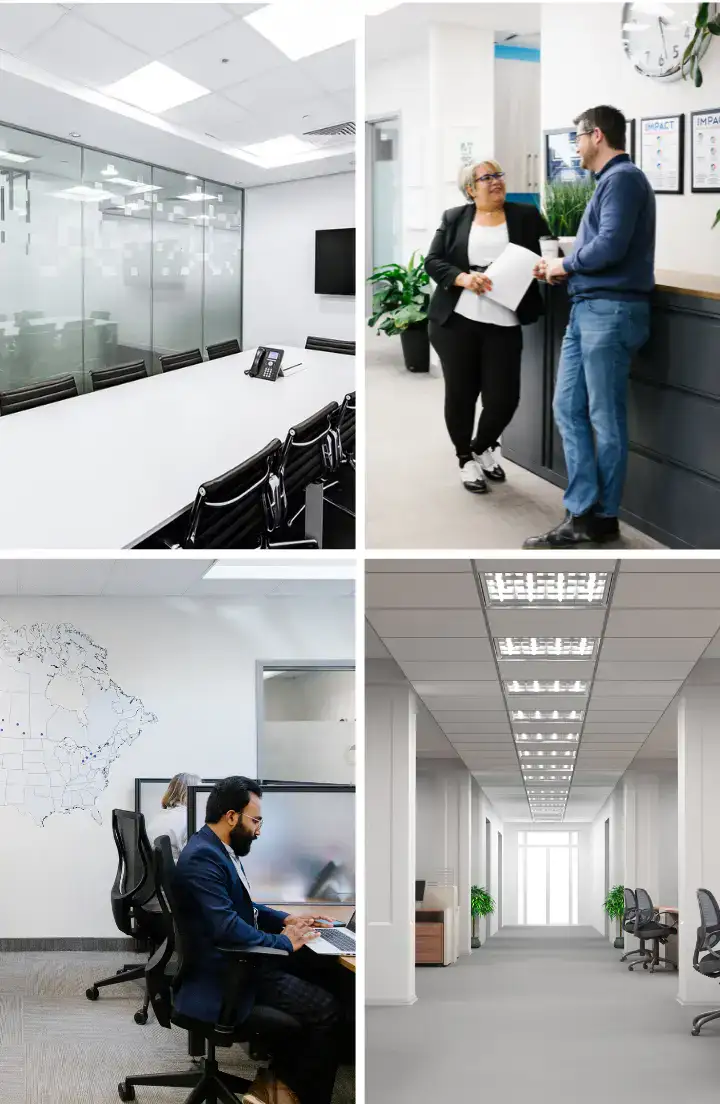 A collage of four office scenes: an empty conference room, two colleagues talking in a hallway, a man working at a desk, and a bright, empty corridor with doors and ceiling lights.