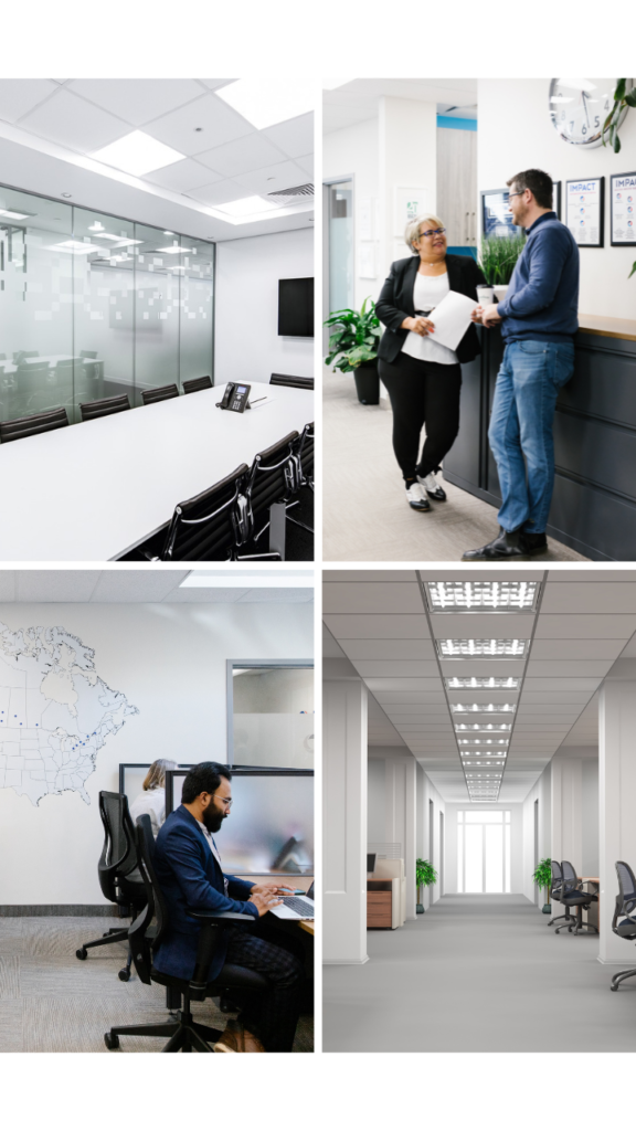 A collage of four office scenes: a modern conference room, two colleagues talking by a counter, a man working at a desk, and a bright hallway with plants and empty chairs, showcasing the results of impact commercial cleaning services.
