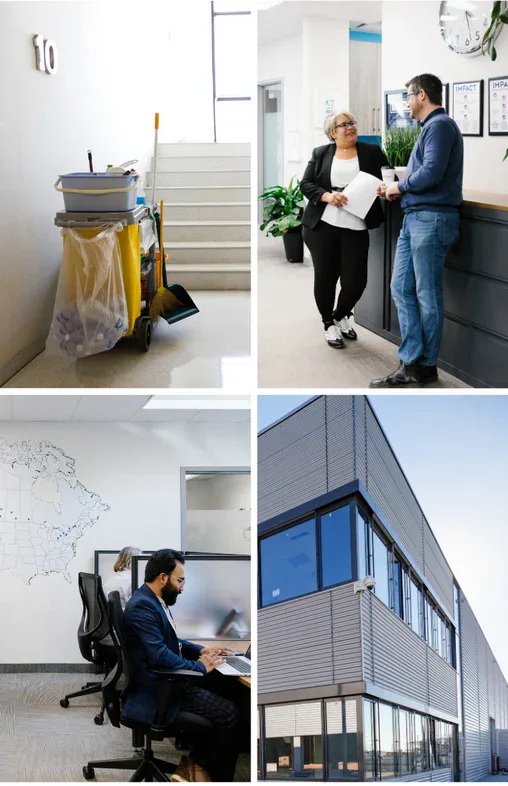 A collage of four images: a cleaning cart in a hallway, two people conversing in an office, a man working at a desk, and the exterior of a modern office building, highlighting the impact commercial cleaning services in Canada.