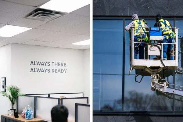 Left: An office wall with the words “ALWAYS THERE. ALWAYS READY.” above cubicles. Right: Two workers in safety vests from Impact Commercial Cleaning Services clean large windows from a lift outside a building.