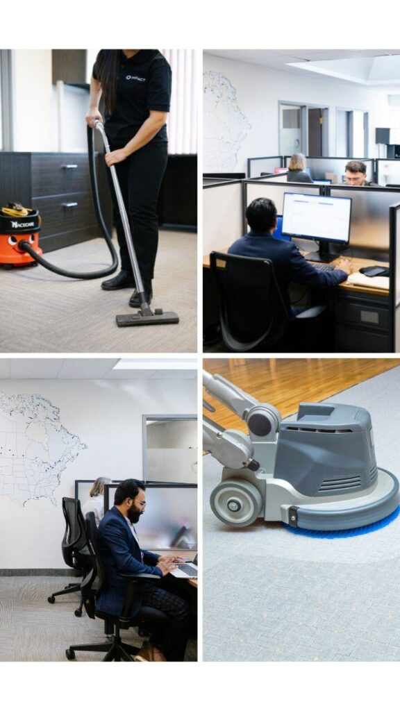 A collage of four images: a person vacuuming an office, two people working at desks in cubicles, a man at a desk, and a floor cleaning machine on carpeted office flooring—showcasing impact commercial cleaning services in Canada.