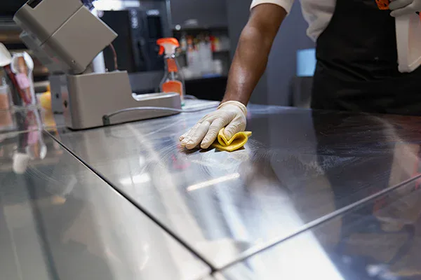 A person wearing gloves wipes a stainless steel countertop with a yellow cloth in a clean, modern kitchen. Cleaning supplies are visible in the background.