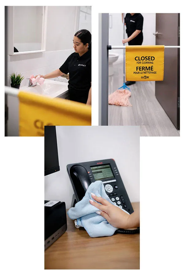 Three images show cleaning in progress: a worker wipes a sink, a yellow Closed for Cleaning sign hangs on a door while a mop is on the floor, and a hand cleans an office phone—demonstrating impact commercial cleaning services.