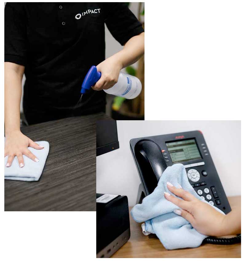 A person cleans a desk with a spray bottle and cloth in one image, and wipes a telephone in the other, highlighting the thorough surface care provided by impact commercial cleaning services.